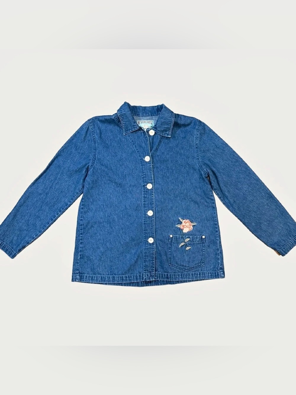 VTG 90s River Chase Blue Denim Chore Jacket Embroidered Flower Med